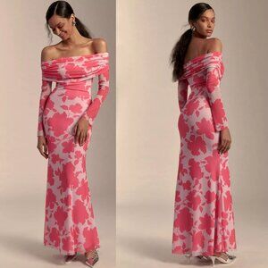 Anthropologie Red Floral Off-Shoulder Maxi Dress